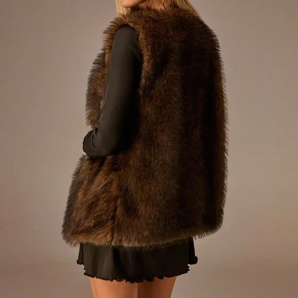 Brown Casual Women's Waist Buckle Faux Fur Vest Jacket - Picture 2 of 8